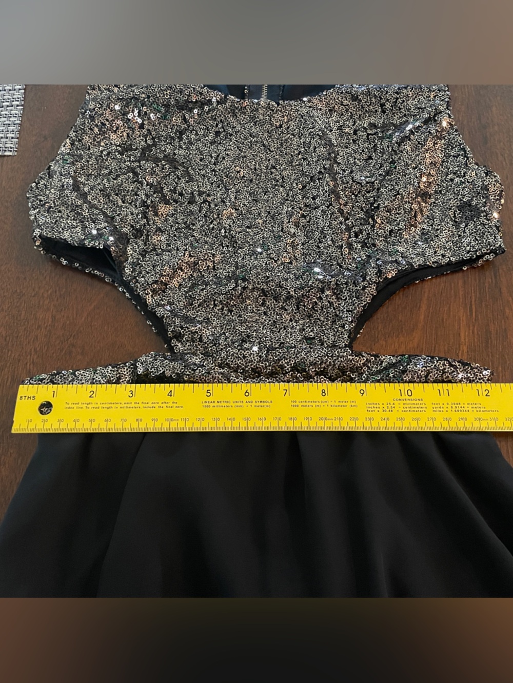 Vintage Black Gold Sequin Dress | Chiffon Skirt Side Cutouts | Small Extra Small - Picture 6 of 12